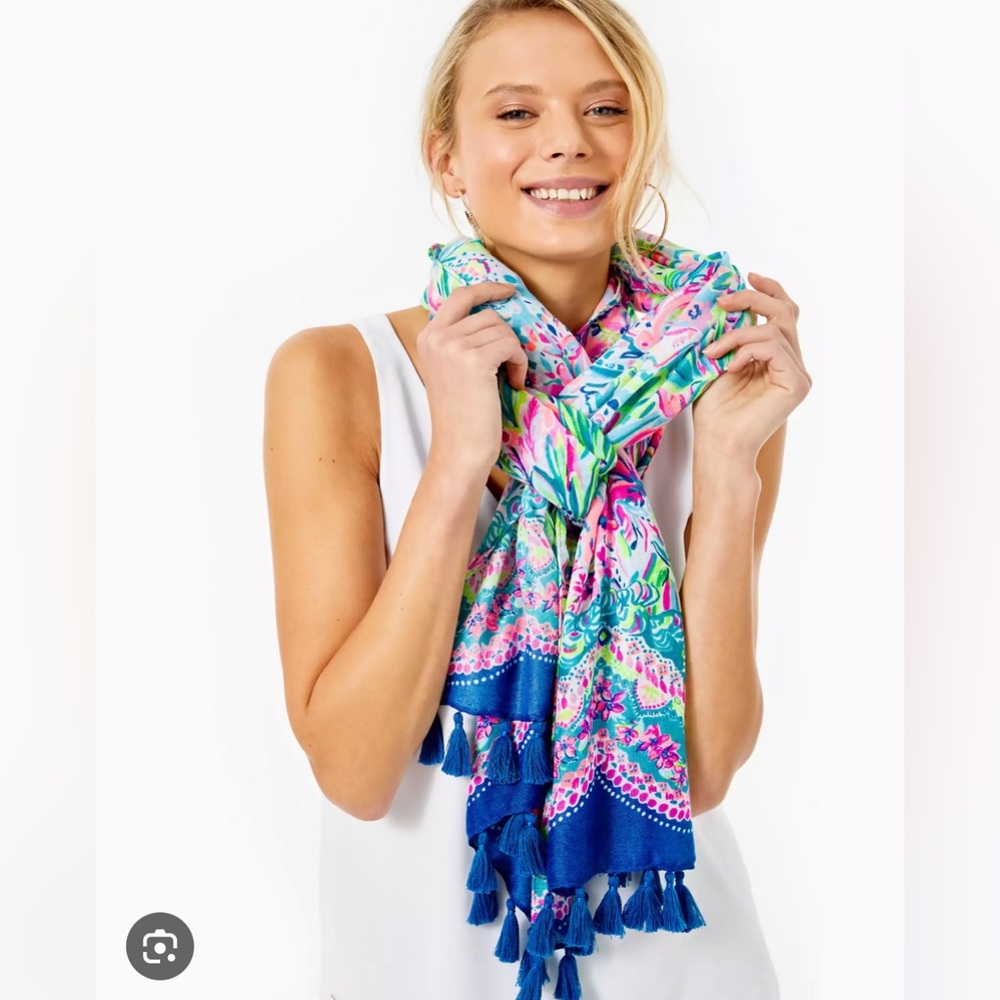 Lilly Pulitzer Blue and Pink Floral Scarf with Fringe Tassels